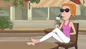 summer.smith,1girl,solo,orange hair,ponytail, solo, pink tank top,white pants,black sunglasses,bare feet and toes,outdoors,coffee shop,sitting down on the white chair,white table,sipping her frappuccino,sipping straw,legs crossed