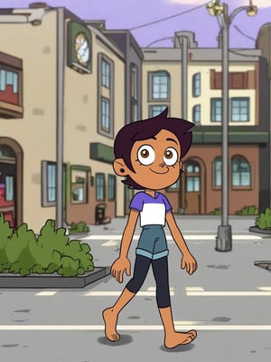 LUZ_NOCEDA, 1girl, solo, dark brown short hair, purple and white short sleeve, blue shorts, black leggings, barefoot, outdoors, buildings, downtown, sidewalk, streets, road, walking