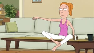 summer.smith,1girl,orange hair,ponytail,solo,pink tank top,white pants,bare feet and toes,living room,sitting down on the couch,coffee table