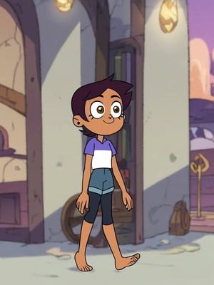 LUZ_NOCEDA, 1 girl, solo, dark brown short hair, purple and white short sleeve, blue shorts, black leggings, barefoot, blight manor, walking, full body