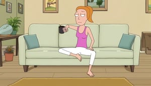 summer.smith,1girl,orange hair,ponytail,solo,pink tank top,white pants,bare feet and toes,living room,sitting down on the couch,coffee table