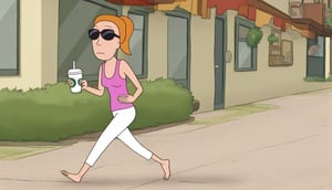 summer.smith,1girl,solo,orange hair,ponytail, solo,pink tank top,white pants,black sunglasses,bare feet and toes,outdoors,coffee shop,walking,sipping her frappuccino,sipping straw,