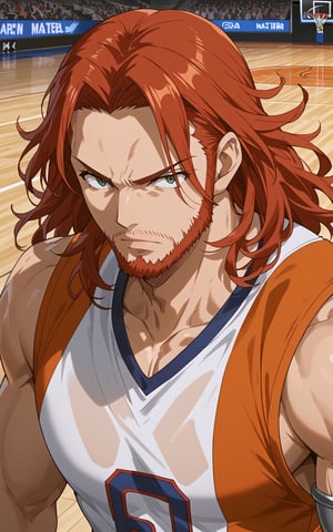 score_9, score_8_up, score_7_up, score_6_up, score_anime, masterpiece, best quality, ultra-detailed, highres, art, official style, source_anime, anime screencap, anime coloring, anime, animated, bigger eyes, serious face, muscular build, cowboy shot, medium shot, Gildarts Ft, beard, red hair, metallic left arm, basketball uniform 