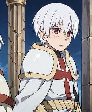 1080P, 1boy,white hair,red eyes, hair between eyes,short hair,White cape, armor