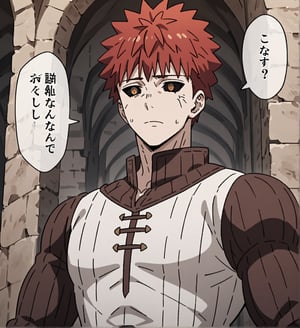 1080p, HD, detailed,score_9,1boy, men, solo, focus male,short hair, red hair, baggy eyes , muscle body, brown eyes, cracks around the eyes, Beautiful eyes, defined body, dark colors, medieval cloths, white cloths, detailed eyes, white shirt,  black sclera,   questions, ?, half body, posing the muscles, emiya_shirou