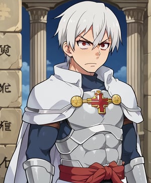 1080P, 1boy,white hair,red eyes, hair between eyes,short hair,White cape, armor,Akitaru Obi, muscle body, fit body, angry face