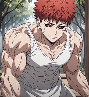 1080p, HD, detailed,score_9,1boy, men, solo, focus male,short hair, red hair, baggy eyes , muscle body, brown eyes, cracks around the eyes, Beautiful eyes, defined body, dark colors,  white cloths, detailed eyes, white shirt,  black sclera, half body, posing the muscles, emiya_shirou, happy face, forest