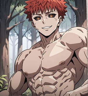 1080p, HD, detailed,score_9,1boy, men, solo, focus male,short hair, red hair, baggy eyes , muscle body, brown eyes, cracks around the eyes, Beautiful eyes, defined body, dark colors,  white cloths, detailed eyes, white shirt,  black sclera, half body, posing the muscles, emiya_shirou, happy face, forest