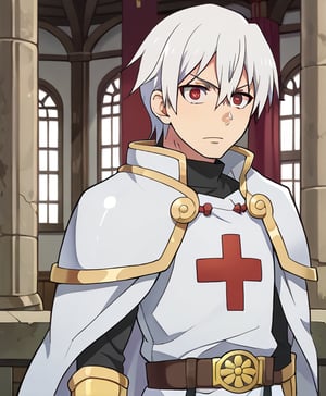 1080P, 1boy,white hair,red eyes, hair between eyes,short hair,White cape, armor,Akitaru Obi