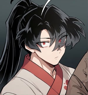 score_9, score_8_up, score_8,1boy, chung myung,black hair,ponytail,long hair,red eyes,eyes visible through hair, dark colors, dark background, better background, (body fit, veins body, tall guy)