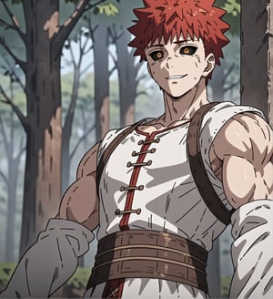 1080p, HD, detailed,score_9,1boy, men, solo, focus male,short hair, red hair, baggy eyes , muscle body, brown eyes, cracks around the eyes, Beautiful eyes, defined body, dark colors, medieval cloths, white cloths, detailed eyes, white shirt,  black sclera, half body, posing the muscles, emiya_shirou, happy face, forest