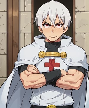 1080P, 1boy,white hair,red eyes, hair between eyes,short hair,White cape,Akitaru Obi, muscle body, fit body, angry face, big arms