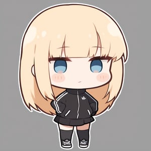 1girl, stoat girl, solo, ((blonde hair)), long hair, blue eyes, (bangs), black adidas track jacket, (black skirt), black sneakers, solo, black stockings, (chibi,), blush,, simple white background, standing,