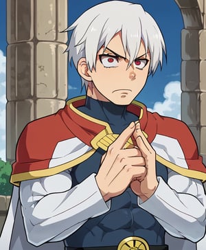 1080P, 1boy,white hair,red eyes, hair between eyes,short hair,White cape,Akitaru Obi, muscle body, fit body, angry face, big arms