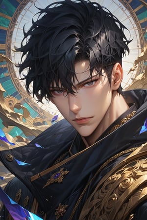 score_9, score_8_up, score_7_up, masterpiece, best quality, absurdres, very aesthetic, source_anime, detailed illustration, 8k UHD, (detailed background:1.1), looking at viewer, 1boy, solo, handsome face,sung jin woo,black hair,short hair,black eyes