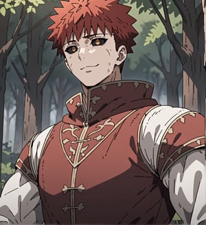 1080p, HD, detailed,score_9,1boy, men, solo, focus male,short hair, red hair, baggy eyes , muscle body, brown eyes, cracks around the eyes, Beautiful eyes, defined body, dark colors, medieval cloths, white cloths, detailed eyes, white shirt,  black sclera, half body, posing the muscles, emiya_shirou, happy face, forest