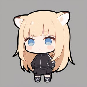 1girl, stoat girl, solo, ((blonde hair)), long hair, blue eyes, (bangs), black adidas track jacket, (black skirt), black sneakers, solo, black stockings, (chibi,), blush,, simple white background, standing,