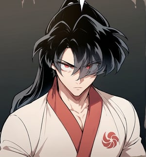 score_9, score_8_up, score_8,1boy, chung myung,black hair,ponytail,long hair,red eyes,eyes visible through hair, dark colors, dark background, better background, (body fit, veins body, tall guy)