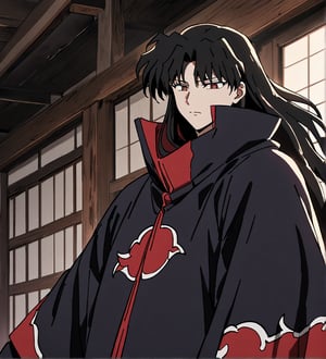 score_9,1boy, male, solo, upper body, focus male, long hair, black hair, baggy eyes , muscle body, red eyes, Beautiful eyes, defined body, dark colors, kimono, akatsuki cloak, black cloths, akatsuki cloths,loose clothing, detailed eyes, cloak, normal face,  naraku_inuyasha,  day, inside, old japanese style house, 