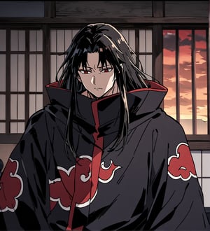 score_9,1boy, male, solo, upper body, focus male, long hair, black hair, baggy eyes , muscle body, red eyes, Beautiful eyes, defined body, kimono, akatsuki cloak, black cloths with red clouds, akatsuki cloths,loose clothing, detailed eyes, cloak, naraku_inuyasha, style japanese house, wall, hand position, jutsu