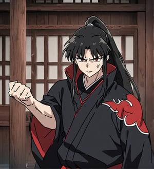 score_9,1boy, male, solo, upper body, focus male, long hair, black hair, baggy eyes, ponytail,  muscle body, red eyes, Beautiful eyes, defined body, dark colors, loose clothing, ninja cloths, black shirt, detailed eyes, cloak, normal face,  naraku_inuyasha, style japanese house, wall, black cloths, akatsuki cloths, angry expression, threaten, angry look,  
fighting pose