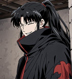 score_9,1boy, male, solo, upper body, focus male, long hair, black hair, baggy eyes, ponytail,  muscle body,  defined body, dark colors, loose clothing, ninja cloths, black shirt, detailed eyes, cloak, normal face,  naraku_inuyasha, style japanese house, wall, black cloths, akatsuki cloths, happy_face, smile, smile showing teeth, eyes closed