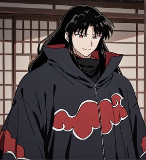 score_9,1boy, male, solo, upper body, focus male, long hair, black hair, baggy eyes , muscle body, red eyes, Beautiful eyes, defined body, dark colors, kimono, akatsuki cloak, black cloths with red clouds, akatsuki cloths,loose clothing, detailed eyes, cloak, happy face, smile, naraku_inuyasha, style japanese house, wall