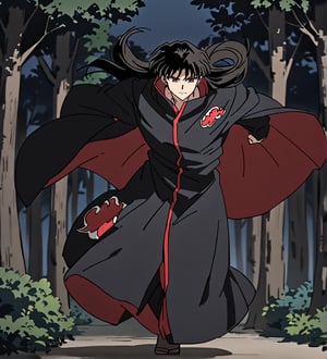 score_9,1boy, male, solo, full body, focus male, long hair, black hair, baggy eyes , muscle body, red eyes, Beautiful eyes, defined body, dark colors, kimono, akatsuki cloak, black cloths, akatsuki cloths,loose clothing, detailed eyes, cloak, normal face,  naraku_inuyasha, night, outside, running, forest
forest  