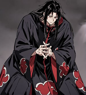 score_9,1boy, male, solo, focus male, long hair, black hair, baggy eyes , muscle body, red eyes, Beautiful eyes, defined body, dark colors, kimono, akatsuki cloak, black cloths, akatsuki cloths,loose clothing, detailed eyes, cloak, normal face,  naraku_inuyasha, Hands together in jutsu position, with fingers intertwined and palms facing forward
