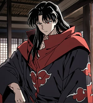 score_9,1boy, male, solo, upper body, focus male, long hair, black hair, baggy eyes , muscle body, red eyes, Beautiful eyes, defined body, dark colors, kimono, akatsuki cloak, black cloths, akatsuki cloths,loose clothing, detailed eyes, cloak, normal face,  naraku_inuyasha,  day, inside, old japanese style house,  sitting,  serious,  looking in profile
