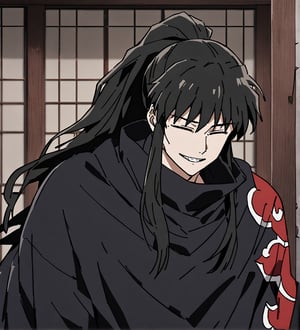 score_9,1boy, male, solo, upper body, focus male, long hair, black hair, baggy eyes, ponytail,  muscle body,  defined body, dark colors, loose clothing, ninja cloths, black shirt, detailed eyes, cloak, normal face,  naraku_inuyasha, style japanese house, wall, black cloths, akatsuki cloths, happy_face, smile, smile showing teeth, eyes closed