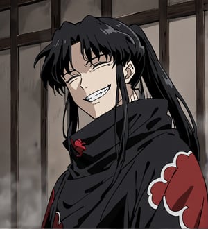 score_9,1boy, male, solo, upper body, focus male, long hair, black hair, baggy eyes, ponytail,  muscle body,  defined body, dark colors, loose clothing, ninja cloths, black shirt, detailed eyes, cloak, normal face,  naraku_inuyasha, style japanese house, wall, black cloths, akatsuki cloths, happy_face, smile, smile showing teeth, eyes closed, 
greeting