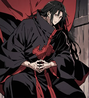 score_9,1boy, male, solo, focus male, long hair, black hair, baggy eyes , muscle body, red eyes, Beautiful eyes, defined body, dark colors, kimono, akatsuki cloak, black cloths, akatsuki cloths,loose clothing, detailed eyes, cloak, normal face,  naraku_inuyasha, Hands together in jutsu position, with fingers intertwined and palms facing forward
