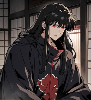 score_9,1boy, male, solo, upper body, focus male, long hair, black hair, baggy eyes , muscle body, red eyes, Beautiful eyes, defined body, dark colors, kimono, akatsuki cloak, black cloths, akatsuki cloths,loose clothing, detailed eyes, cloak, normal face,  naraku_inuyasha,  day, inside, old japanese style house, read books, sitting