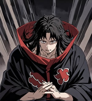 Score_9,1boy, male, alone, male focus, long hair, black hair, droopy eyes, muscular body, red eyes, beautiful eyes, defined body, dark colors, kimono, akatsuki cloak, black cloths, akatsuki cloths, loose clothing, detailed eyes, cape, angry face, naraku_inuyasha, hands together in jutsu position, with fingers intertwined and palms facing forward, hands only, half body