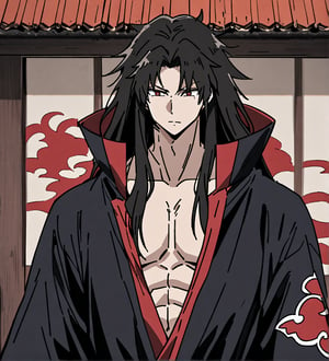 score_9,1boy, male, solo, upper body, focus male, long hair, black hair, baggy eyes , muscle body, red eyes, Beautiful eyes, defined body, kimono, akatsuki cloak, black cloths with red clouds, akatsuki cloths,loose clothing, detailed eyes, cloak, naraku_inuyasha, style japanese house, wall, jutsu