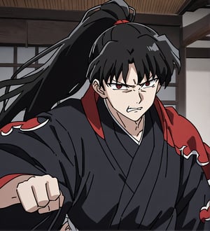 score_9,1boy, male, solo, upper body, focus male, long hair, black hair, baggy eyes, ponytail,  muscle body, red eyes, Beautiful eyes, defined body, dark colors, loose clothing, ninja cloths, black shirt, detailed eyes, cloak, normal face,  naraku_inuyasha, style japanese house, wall, black cloths, akatsuki cloths, angry expression, threaten, angry look,  
fighting pose