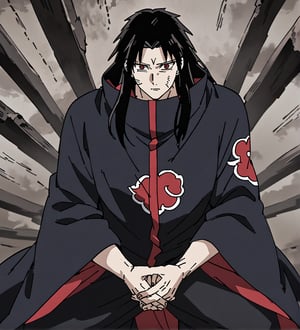 score_9,1boy, male, solo, focus male, long hair, black hair, baggy eyes , muscle body, red eyes, Beautiful eyes, defined body, dark colors, kimono, akatsuki cloak, black cloths, akatsuki cloths,loose clothing, detailed eyes, cloak, normal face,  naraku_inuyasha, Hands together in jutsu position, from the anime Naruto, with fingers intertwined, and palms facing forward, hands only
