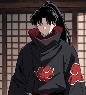 score_9,1boy, male, solo, upper body, focus male, long hair, black hair, baggy eyes, ponytail,  muscle body, red eyes, Beautiful eyes, defined body, dark colors, loose clothing, ninja cloths, black shirt, detailed eyes, cloak, normal face,  naraku_inuyasha, style japanese house, wall, black cloths, akatsuki cloths