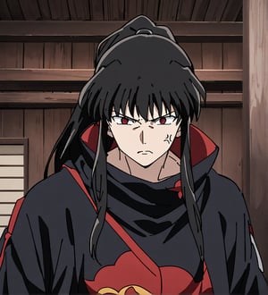 score_9,1boy, male, solo, upper body, focus male, long hair, black hair, baggy eyes, ponytail,  muscle body, red eyes, Beautiful eyes, defined body, dark colors, loose clothing, ninja cloths, black shirt, detailed eyes, cloak, normal face,  naraku_inuyasha, style japanese house, wall, black cloths, akatsuki cloths, angry expression, angry look,  
fighting pose