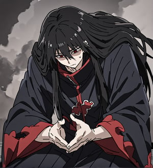 score_9,1boy, male, solo, focus male, long hair, black hair, baggy eyes , muscle body, red eyes, Beautiful eyes, defined body, dark colors, kimono, akatsuki cloak, black cloths, akatsuki cloths,loose clothing, detailed eyes, cloak, normal face,  naraku_inuyasha, Hands together in jutsu position,  with fingers intertwined, and palms facing forward, hands only
