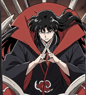 score_9,1boy, male, solo, upper body, focus male, long hair, black hair, baggy eyes , muscle body, red eyes, Beautiful eyes, defined body, dark colors, kimono, akatsuki cloak, black cloths, akatsuki cloths,loose clothing, detailed eyes, cloak, angry face,  naraku_inuyasha, Hands in ninja seal position: index fingers together and pointing up, remaining fingers interlaced, thumbs resting on the base of the index fingers.