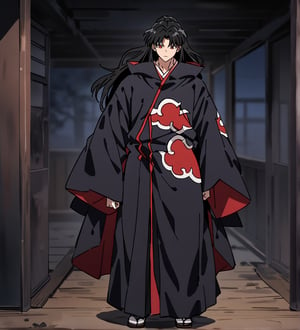 score_9,1boy, male, solo, full body, focus male, long hair, black hair, baggy eyes , muscle body, red eyes, Beautiful eyes, defined body, dark colors, kimono, akatsuki cloak, black cloths, akatsuki cloths,loose clothing, detailed eyes, cloak, normal face,  naraku_inuyasha, night, inside, trench
