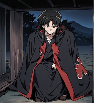 score_9,1boy, male, solo, full body, focus male, long hair, black hair, baggy eyes , muscle body, red eyes, Beautiful eyes, defined body, dark colors, kimono, akatsuki cloak, black cloths, akatsuki cloths,loose clothing, detailed eyes, cloak, normal face,  naraku_inuyasha, night, inside, trench, sad, sad_face
