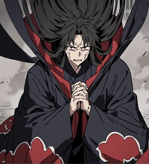 Score_9,1boy, male, alone, male focus, long hair, black hair, droopy eyes, muscular body, red eyes, beautiful eyes, defined body, dark colors, kimono, akatsuki cloak, black cloths, akatsuki cloths, loose clothing, detailed eyes, cape, angry face, naraku_inuyasha, hands together in jutsu position, with fingers intertwined and palms facing forward, hands only, half body