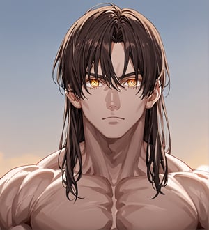 score_9,1boy, men, solo, looking at the viewer, 17 years old, (face view), dark brown hair, baggy eyes, (ringed eyes, yellow eyes, Beautiful eyes, muscular arms, defined body), (masterpiece, best quality, modell, official art, beautiful and aesthetic:1.2), dark colors, outdoors, 