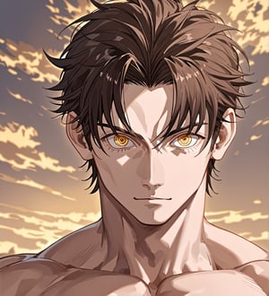 score_9,1boy, men, solo, looking at the viewer, 17 years old, (face view), dark brown hair, baggy eyes  (ringed eyes, yellow eyes, Beautiful eyes, muscular arms, defined body), (masterpiece, best quality, modell, official art, beautiful and aesthetic:1.2), dark colors, hayato gokudera, outdoors, 