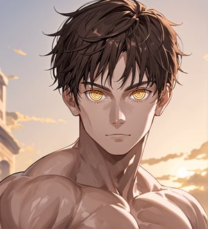 score_9,1boy, men, solo, looking at the viewer, 17 years old, (face view), dark brown hair, baggy eyes, (ringed eyes, yellow eyes, Beautiful eyes, muscular arms, defined body), (masterpiece, best quality, modell, official art, beautiful and aesthetic:1.2), dark colors, outdoors, 