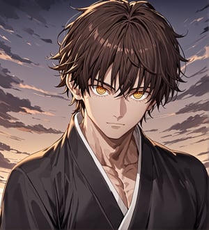 score_9,1boy, men, solo, looking at the viewer, 17 years old, (face view), dark brown hair, baggy eyes  (ringed eyes, yellow eyes, Beautiful eyes, muscular arms, defined body), (masterpiece, best quality, modell, official art, beautiful and aesthetic:1.2), dark colors, kimono, hayato gokudera, outdoors, 