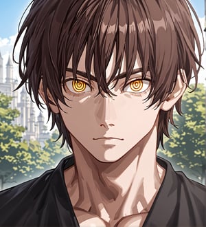 score_9,1boy, men, solo, looking at the viewer, 17 years old, (face view), dark brown hair, baggy eyes, (ringed eyes, yellow eyes, Beautiful eyes, muscular arms, defined body), (masterpiece, best quality, modell, official art, beautiful and aesthetic:1.2), dark colors, outdoors, 